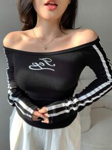 DAZY 1pc Women's Off-Shoulder Fitted Short Sporty Rib Contrast Color Block Long Sleeve T-Shirt,Fall Clothes - Black - View 6