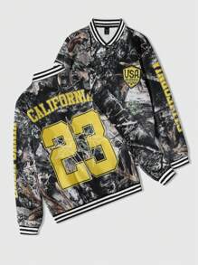 ROMWE MEN Street Life Herren Jacke mit Buchstaben- und Blumen Muster, Langarm Lässig Baseball Jacke für Frühling und Herbst - Verschiedenfarbig - Übersicht 1