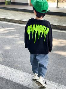Kids/Young Boys Fluorescent Letter Print Round Neck Pullover Solid Color Warm Knitted Sweater - Black - View 7