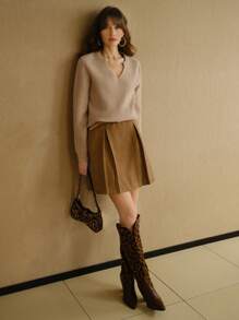 MOTF STUDIO 麂皮褶饰扣腰带半身裙 - 咖啡棕 - 查看 5