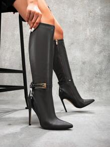 CUCCOO SZL 女士灰色人造皮革尖头踝靴，带扣和蝴蝶结细节，舒适柔软高跟，适合通勤和办公室穿着 - 灰色 - 查看 3