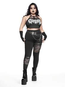 ROMWE Goth Plus Size Women Skeleton Rivet Decor Patchwork Skinny Fashionable Pants - Black - View 2