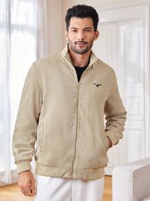 Manfinity Homme Men's Khaki Corduroy Jacket,Autumn Bird Embroidery Stand Collar Lightweight Jacket,Smart Casual Hiking Long Sleeve Warm Outerwear Gifts For Husband - Apricot - View 3