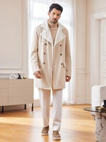 Manfinity Homme Men's Casual Daily Contrast Collar Double-Breasted Autumn/Winter Vacation Overcoat, For Friends, Husband, Boyfriend Gifts - Apricot - View 3