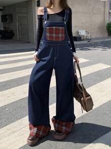 DAZY Peto vaquero casual de mujer con parche de tartán, minimalista y de moda para uso diario