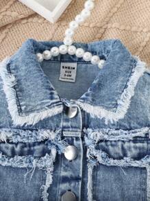 SHEIN 2 件装女婴休闲时尚拼布流苏边长袖夹克和裤子套装，春季和秋季 - 藍色 - 查看 4
