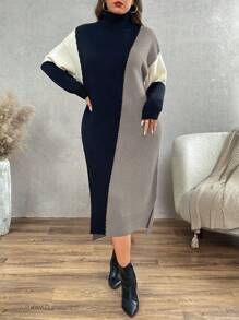 Calvaya 大码拼色高领长款毛衣连衣裙，适合冬季 - 彩色 - 查看 7