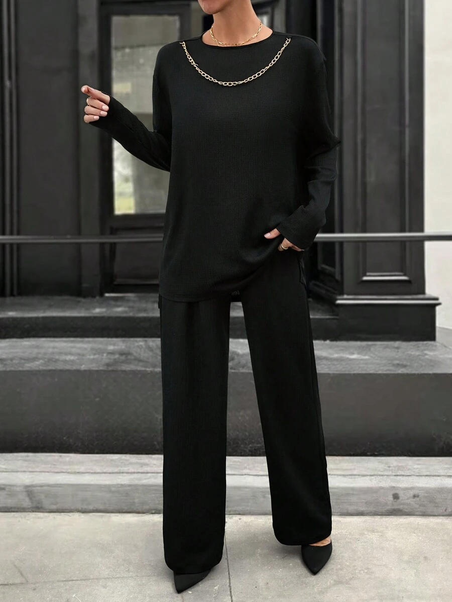 RueChic RELAXED LONG SLEEVE WITH CHAIN & PANT - Black - View 1