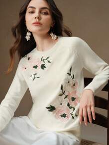 Anewsta Women Elegant Flower Embroidered Raglan Sleeve Casual Sweater Knit Pullover Fall Winter - White - View 1