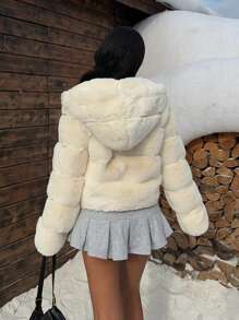 SHEIN EZwear White Fluffy Short Casual Hooded Jacket For Women