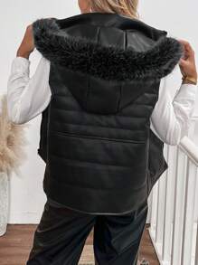 SHEIN LUNE Winter Jacket , Hooded PU Vest With Removable Hood Black Jacket