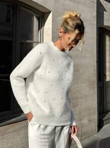 EURMUSE Pulover cu mânecă lungă de pluș, cu decolteu rotund, decorat cu strasuri, de culoare solidă, cu ornamente cu cristale