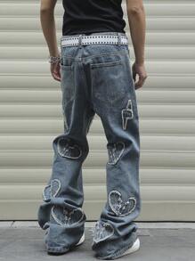 Manfinity EMRG Jeans holgados rectos casuales con bolsillo con diseño de corazón deshilachado para hombre