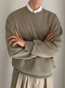 DAZY Jersey de cuello redondo de manga larga casual y holgado de unicolor para hombre, adecuado para otoño/invierno