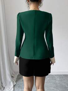 Elenzga 1 件女式单排扣长袖优雅工作通勤撞色西装外套，秋季 - 墨綠色 - 查看 2