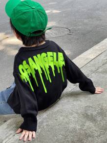 Kids/Young Boys Fluorescent Letter Print Round Neck Pullover Solid Color Warm Knitted Sweater - Black - View 9