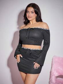 SHEIN SXY Plus Size Women Polka Dot Off-Shoulder Long Sleeve Crop Tops And Bodycon Mini Skirt 2 Pieces Set, Autumn Fashion