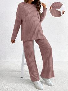 SHEIN 2pcs Pregnant Women Casual Solid Color Drawstring Hooded Top And Pants Set, Autumn/Winter - Dusty Pink - View 4