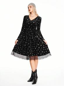 ROMWE Hippie Women Velvet & Lace Trim Floral Bohemian Mini Dress