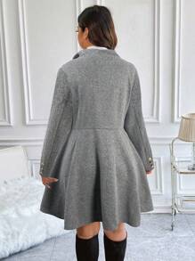 Flirla Plus Size Solid Color Cinched Waist A-Line Decorated Button Coat, For Winter - Grey - View 2