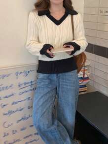 DAZY 女士 V 领撞色休闲长袖毛衣，秋冬，秋季女装 - 杏色 - 查看 6