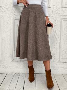 EMERY ROSE 女士休闲复古文艺风 A 字裙，秋冬 - 棕色 - 查看 1