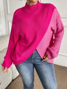 Calvaya 1 件大码撞色裹身立领长袖套头毛衣，适合冬季