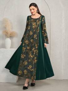 Al Najma Women's Daily Casual Traditional Contrast Color Striped Print Elegant Loose Dress Kaftan Jalabiya Dress - Dark Green - View 5