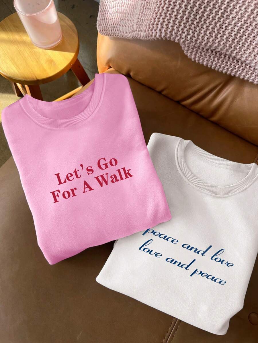 SHEIN EZwear Áo nỉ dài tay cổ tròn in chữ đơn giản đa năng cho nữ - Nhiều màu - Xem 1