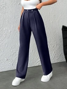 SHEIN Stijlvolle effenkleurige, hoge taille, rechte, geplooide damesbroek met meerdere knoopdetails