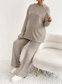 SHEIN 2 件套孕妇休闲纯色抽绳连帽长袖上衣和裤子套装，裤子套装，秋冬，孕妇装 - 卡其色 - 查看 6