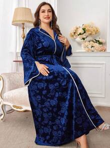 Al Najma New Elegant Arabian Women Plus Size Long Velvet Flower Detailed Ribboned Dress, Elegant Maxi Modest Long Sleeve Jalabiya Arabian Dresses, For Evening Party/Wedding Guest/Anniversary