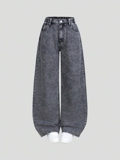 SHEIN 青少年女孩百搭休闲百搭石洗松紧腰阔腿牛仔裤