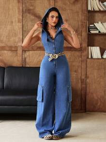 SHEIN EZwear 女士夏季时尚拉链半开领露背连帽牛仔连体裤 - 藍色 - 查看 5