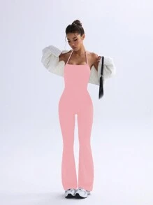 Easithlete Adjustable Solid Color Halter Neck Flared Jumpsuit
