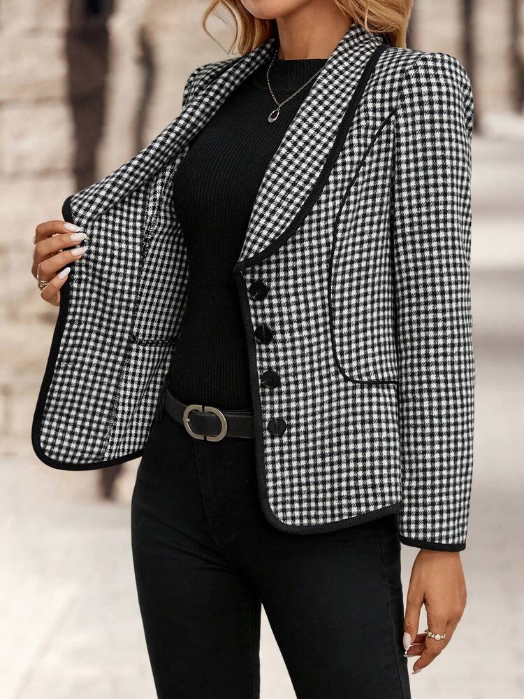 Black And White Checkered Cinched Waist Jacket Professional Clothes