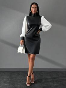 EURMUSE WOMAN BLACK LEATHER MINI DRESS WITH WHITE SLEEVES - Black - View 6