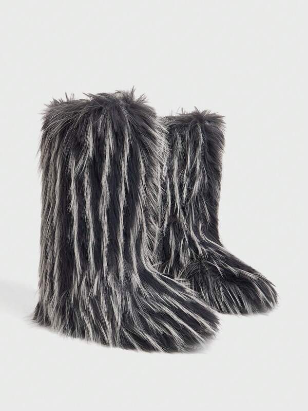 Sugerpunk Damen Colour-Block Plüsch Stiefel Mitte Wade, flauschig, geeignet für Herbst und Winter