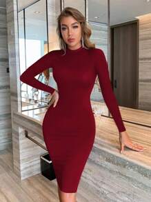 INAWLY Solva Gaun Wanita Polos Kerah Tegak Pas Badan Elegan Lengan Panjang - Burgundy - View 3