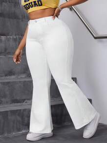 Slaydiva Calça jeans feminina plus size branca extra longa slim fit stretch flared