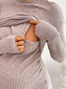 SHEIN Conjunto de 2 piezas de top de lactancia de manga larga de punto nervado y pantalones pitillo de maternidad, informal para otoño/invierno