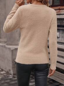 SHEIN Clasi Plus Size Women Solid Keyhole Neck Long Sleeve Fitted Faux Mink Fur Pullover Sweater, Autumn/Winter