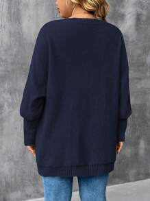 大码休闲纯色蝙蝠袖双口袋毛衣，秋冬针织套头衫