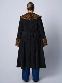 SHEIN EZwear 大码蓬松领棕色外套，秋冬 - 黑色 - 查看 2