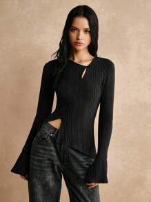 Poéselle Women's Black Autumn Basic Chic Night Out Casual Asymmetric Neck Ribbed Long Sleeve Slim Fit T Shirt,Soft Ribbed Knit Top,Skinny Stretch Essential - Black - View 3
