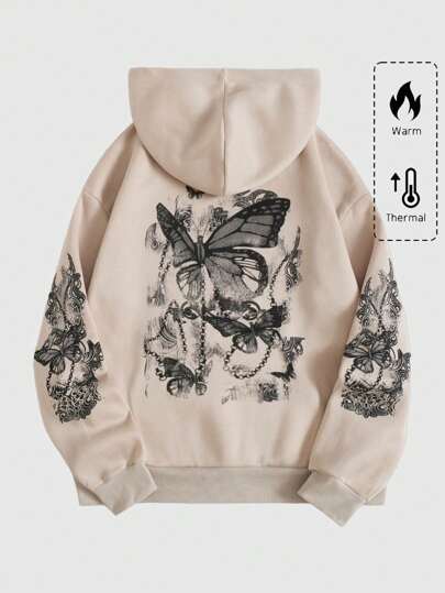 Fairycore Plus Size Butterfly Pattern Drawstring Hooded Casual Sweatshirt Graduation,Back To School Outfits,Graduation,Teacher Outfits For Women,Back To School