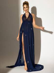 SHEIN Pregnant Women's Sparkly V-Neck Dress With Slit Bottom And Sheer Overlay - Navy Blue - View 5