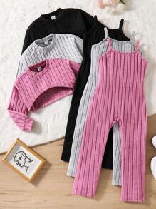 2pcs/Set Young Girl' Casual Solid Color Hooded Crop Top And Strap Jumpsuit Set, Suitable For Autumn/Winter - Multicolor - View 1