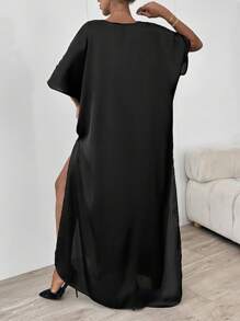 EURMUSE Lace-Trimmed Satin Dress - Black - View 2