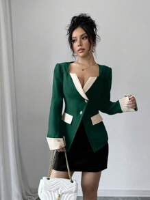 Elenzga 1 件女式单排扣长袖优雅工作通勤撞色西装外套，秋季 - 墨綠色 - 查看 3